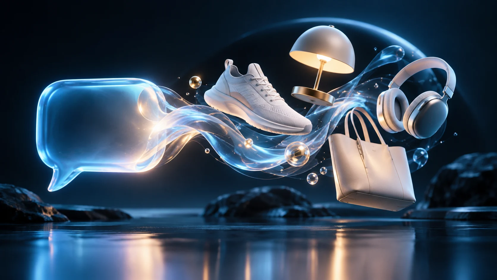 Conceptual illustration of a chat bubble flowing into retail products