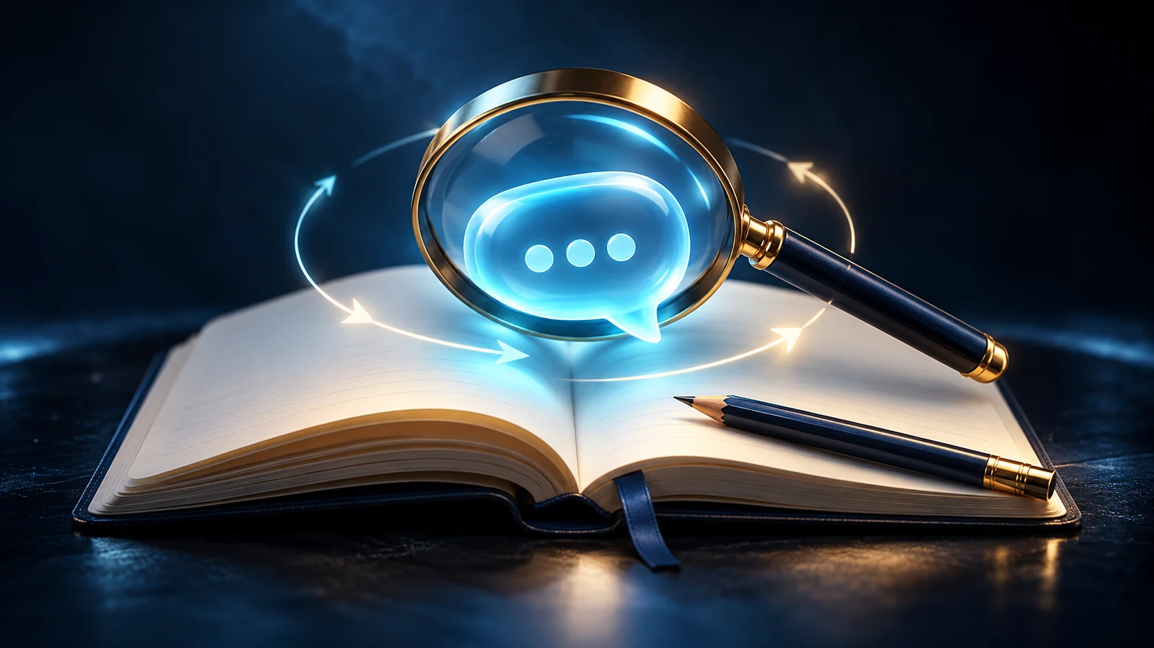 Conceptual illustration of a magnifying glass examining an AI conversation above a notebook