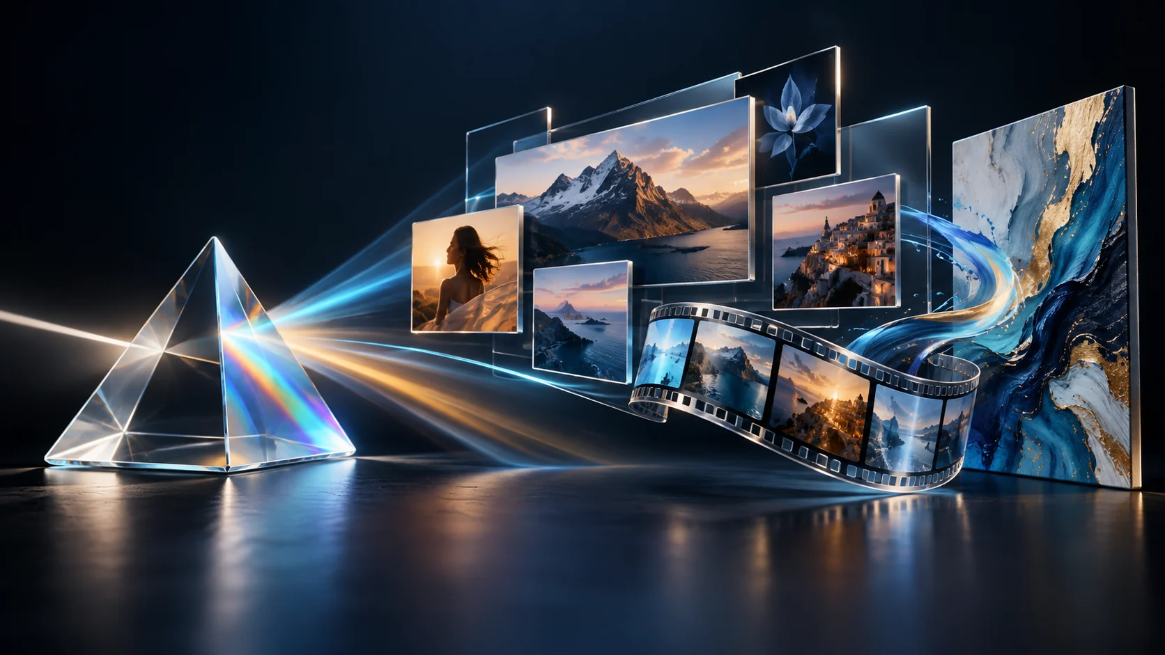 A glass prism casting light into image frames, a film ribbon and an abstract creative canvas