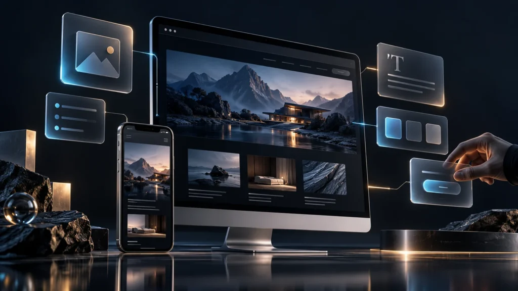 Desktop and mobile website interfaces assembled from connected glass design components