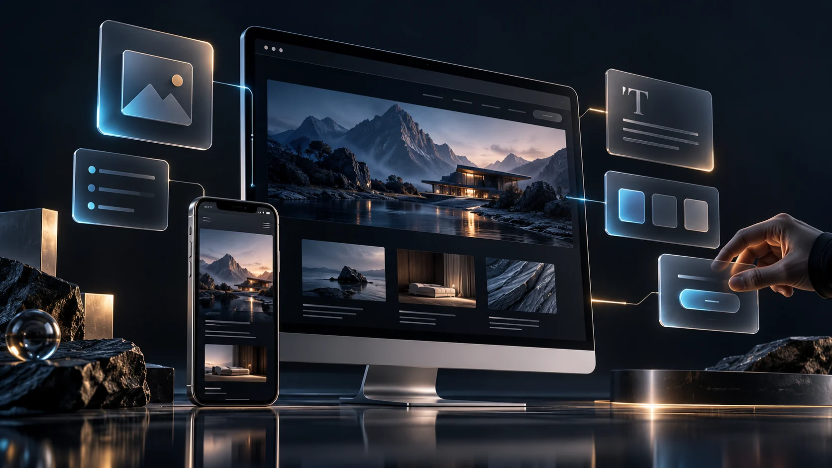 Desktop and mobile website interfaces assembled from connected glass design components